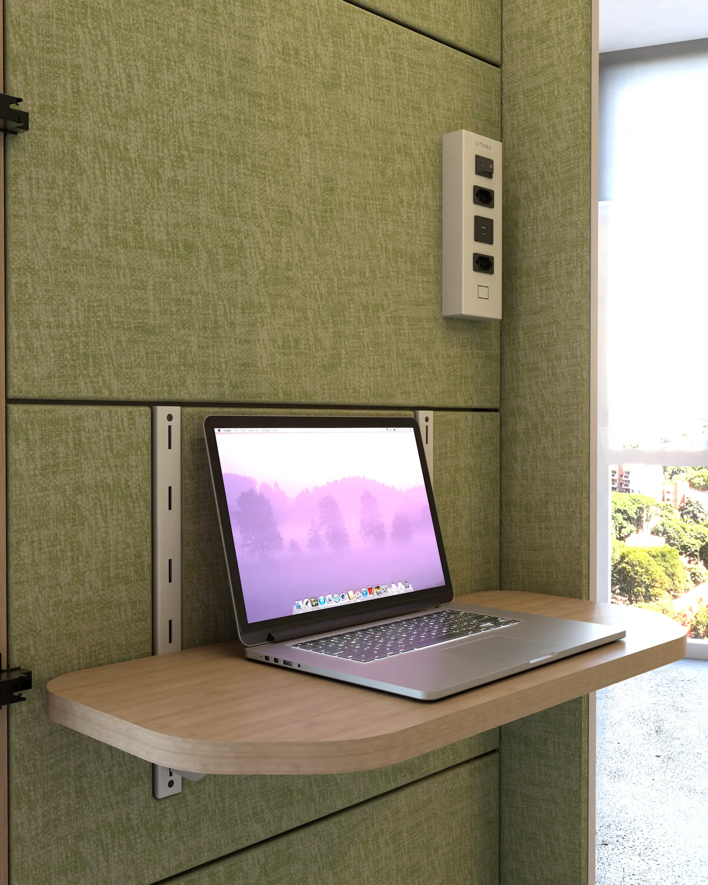 Cabine acústica — detalhe da mesa e conectividade